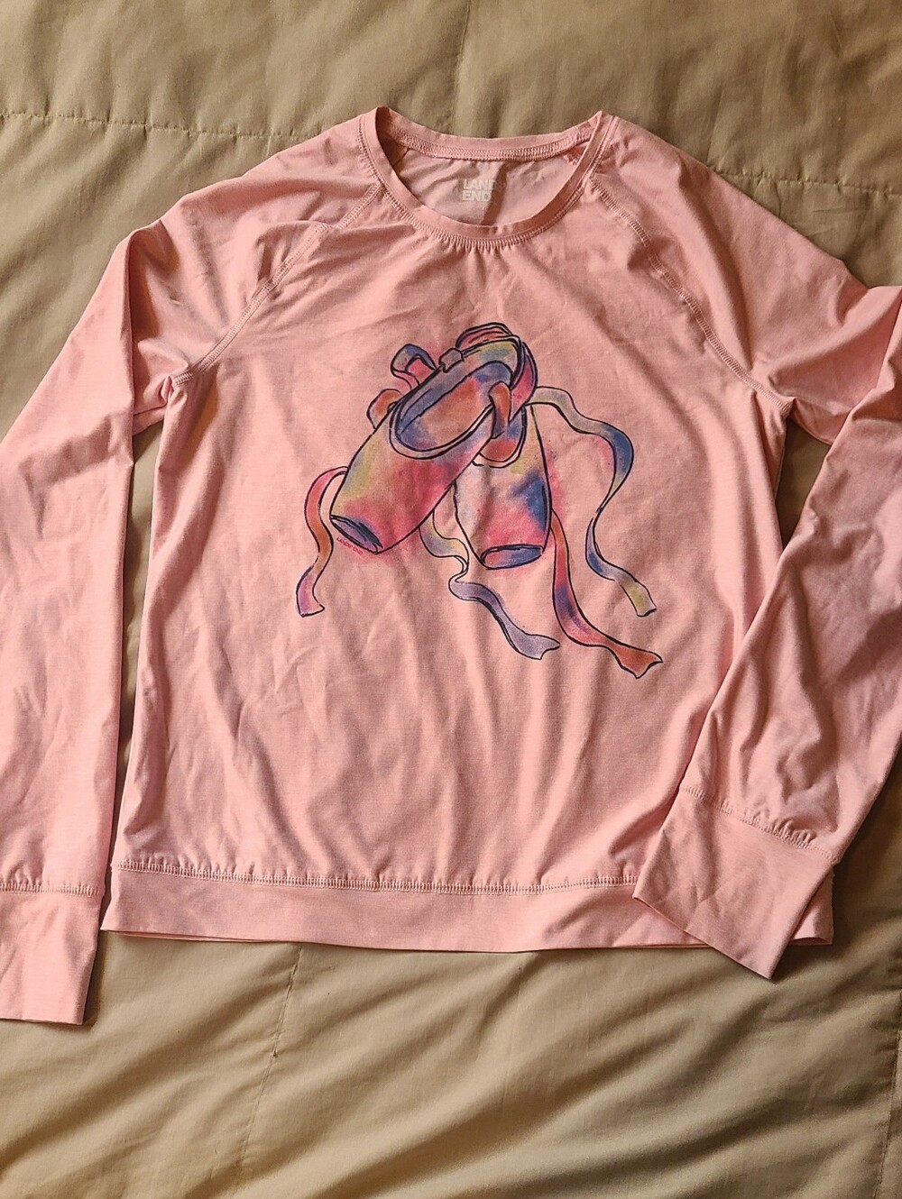 Lands End Girls Pink Long-Sleeve Top with Ballet Slipper Print, Size XL 14/16